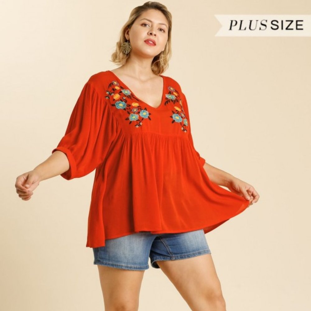 Umgee Plus Red Floral Embroidered Babydoll Top